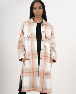 Women`s Long Coat - Checked Beige